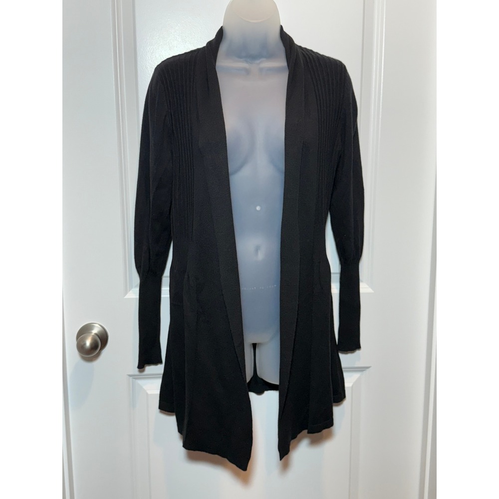 August Silk Black Ribbed‎ Knit Cardigan Sweater Women's Size M Long Sleeve